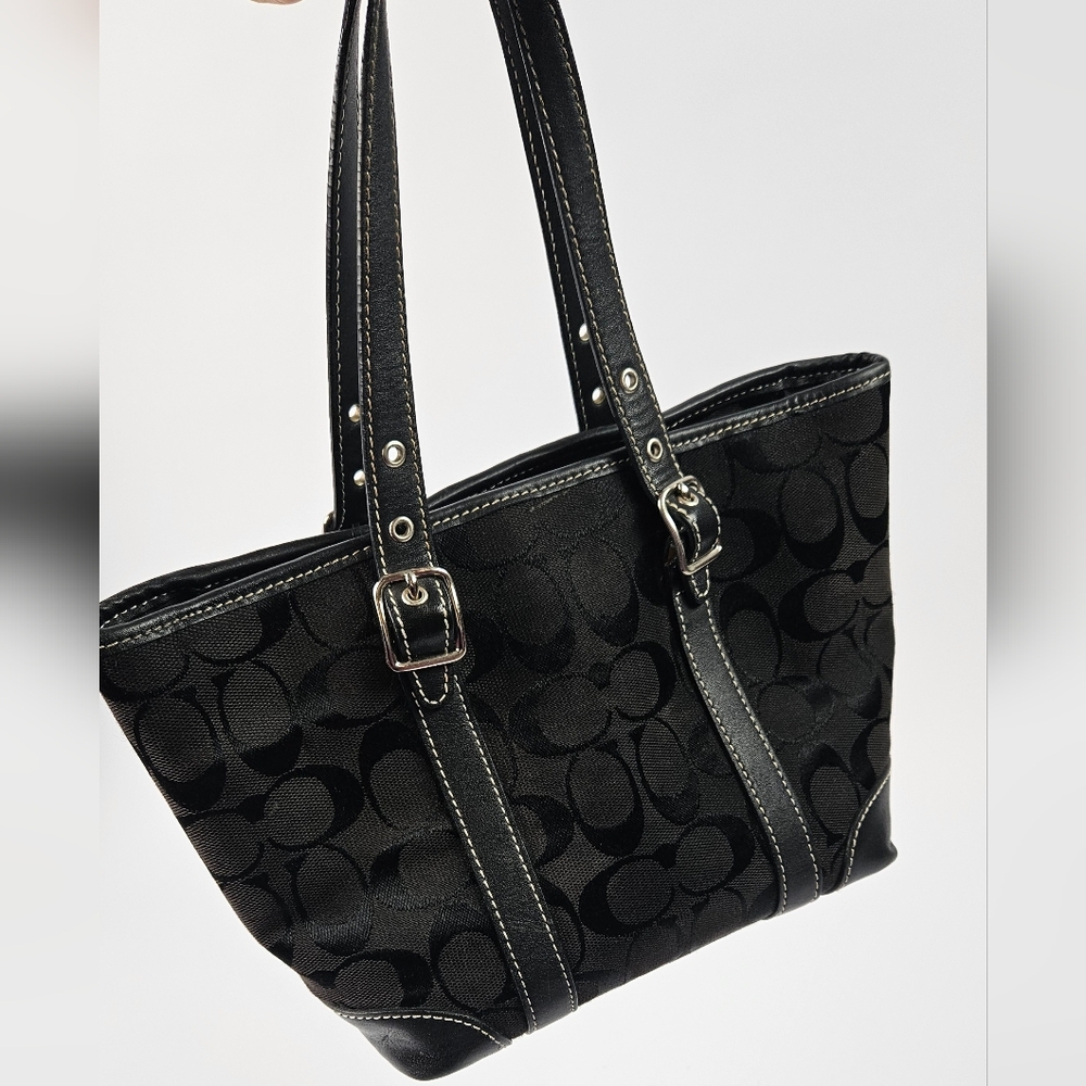 Coach Black Signature C Leather Detail Silver Hardware Mini Tote Bag 6043 - Picture 3 of 9
